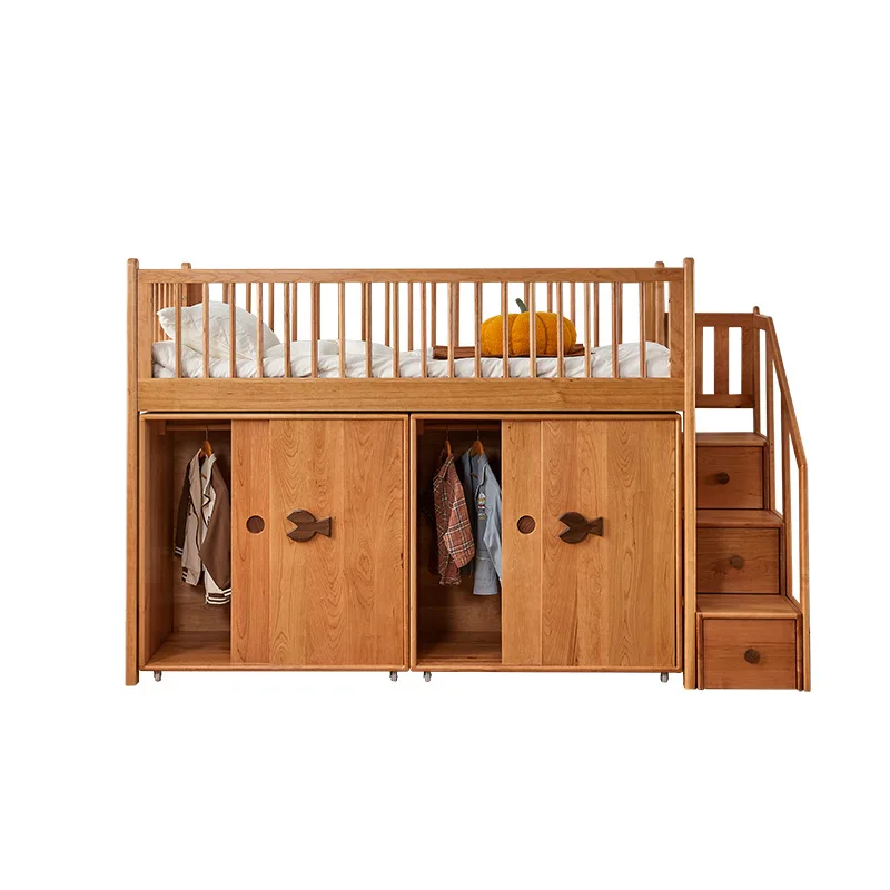 

Solid wood children's bed with half-height bed Boy and girl North American cherry wood with wardrobe integrated bed
