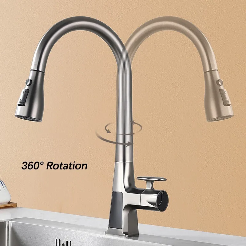 Kitchen Sink Intelligent Sensor Digital Display Pull-Out Faucet Non-Contact Switch Cold And Hot Three-Mode Outlet Basin Faucet