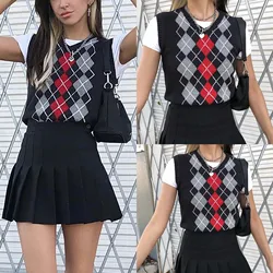 2024 Tops Girl Sweater Vest Women Jumper V Neck Pullover Knitted Vests Y2k Preppy Style Houndstooth Crop Top Autumn Outfits