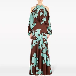 Sexy Hollow Out Shoulder Swing Long Dress Autumn Vintage Long Sleeved Holiday Dress Vintage Pattern Printed Waist Bohemian Dress
