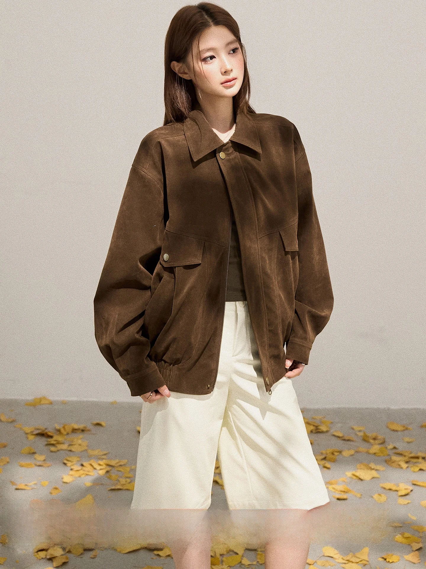 

Женская замшевая куртка Exaant в стиле ретро с длинными рукавами, свободного кроя, с отложным воротником, на молнии, универсальная, осенняя