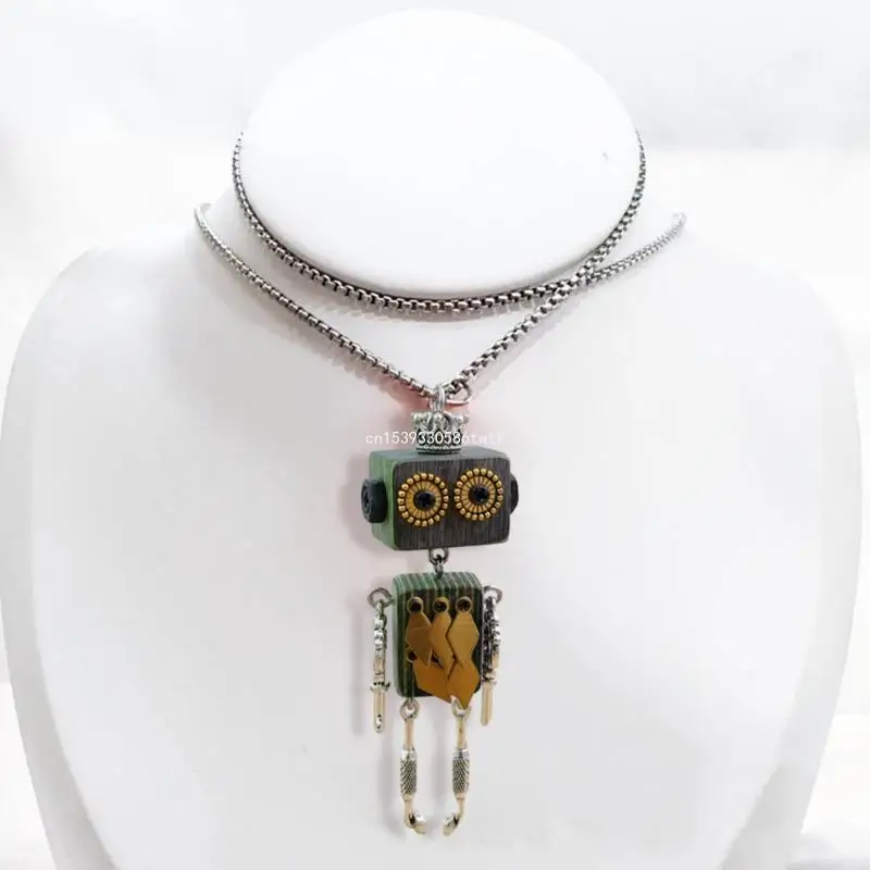 Punk Collarbone Chain Wooden Steams Robot Pendant Necklace Adjustable Length Clavicle Chain Jewelry for Women Girls Dropship