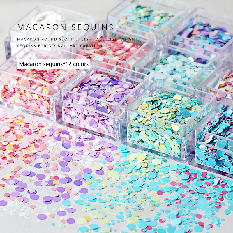 1 kotak Macaron bundar Glitter campuran payet multiwarna cermin kuku tepung DIY seni kuku dekorasi kuku penggemar seni kuku