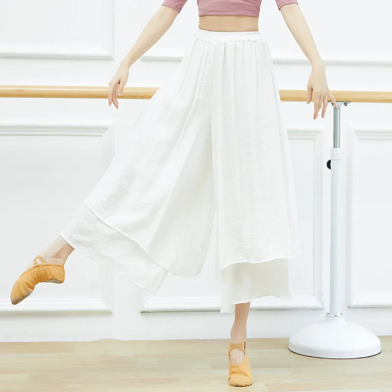 ملابس ممارسة الرقص الحديثة سراويل ممارسة النساء الصينية الرياح القطن الحرير والكتان انقسام واسعة الساق السراويل الرقص الكلاسيكي