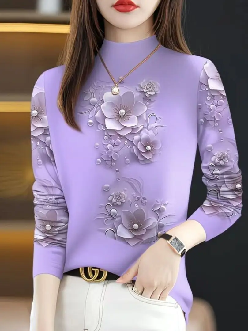 Fashionable Long Sleeve Printed T-Shirt Women's Casual Style High Neck Top Trendy Spring 2026 Garment from China for Ladies