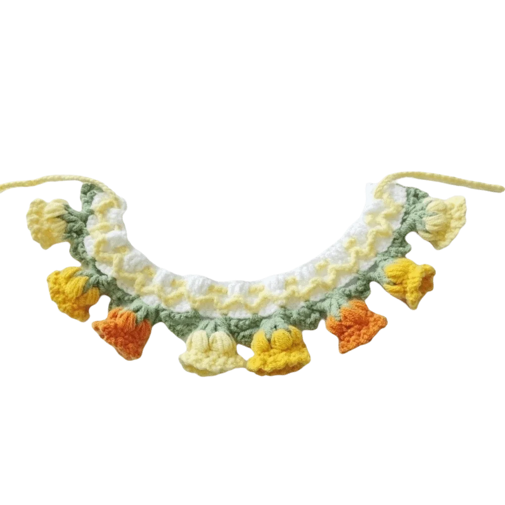 Orchid Bell Flower Knitted Pet Collar Lace-up Sweet Crochet Pet Collar Patchwork Pet Drool Scarf For Small Puppies