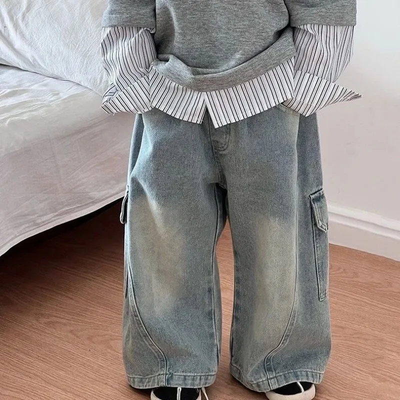 

Children's Jeans Loose Straight Pants Wide Leg Cargo Pants for Boys Girls New Spring Autumn Kid's Denim Pocket Trousers