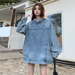 Autumn Women Jacket Vintage Denim Hoodie Sweatshirts Hip Hop Long Sleeve Harajuku Y2k Pullover Denim Streetwear Outerwear Tops