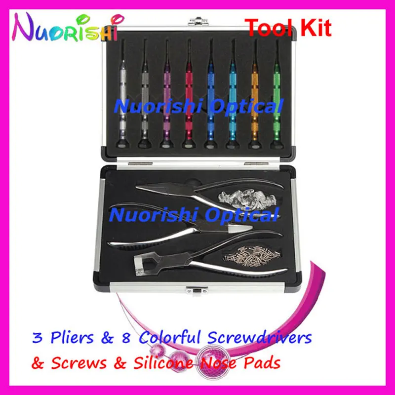 

Professional Glasses Repairing Tool Kit Set 3 Pliers 8 Screwdriver With Silicone Nose Pads and Screws PL072