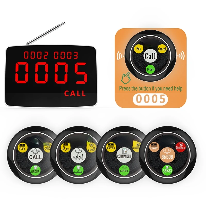 

promotion waiter call system with 1 screen 5 call buttons 5 table stickers customized logo different languages