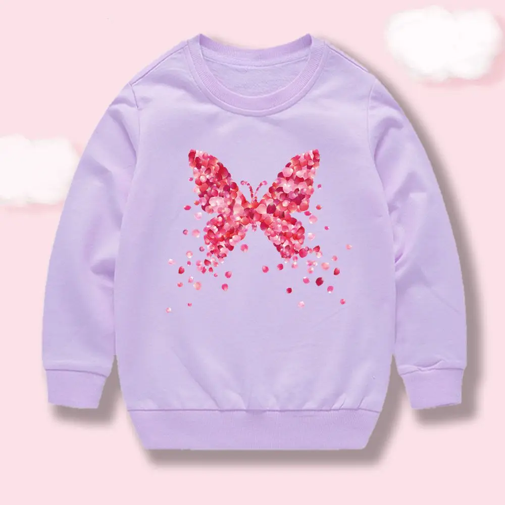 Romantisches Schmetterlings-Sweatshirt für kleine Mädchen, Rundhalsausschnitt, langärmelig, Pullover, mit Herzmuster und Blütenblättern, ideales Geschenk für Kinder zu den Feiertagen.