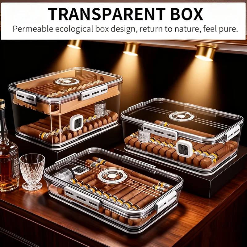 Cigar Box Humidor Acrylic Cigar Case storage BoxCedar Transparent Case Divider Humidifier Hygrometer Cigarette Tool Accessories