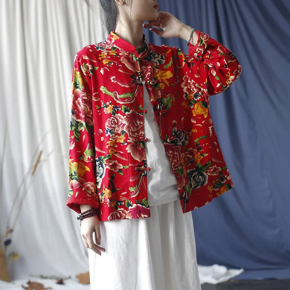 

Ethnic Style Casual Jacket Long-Sleeved Woman With Peony Print Tang Suit Style Spring Cotton Linen Retro Frog Button Short Coat