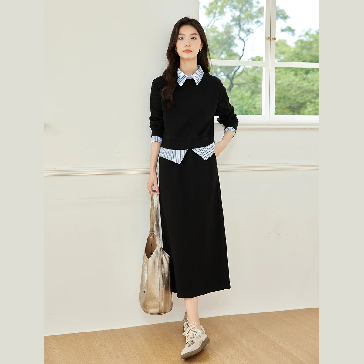 VIMLY Dames Casual Rok Set 2025 Herfst Nieuwe Mode Contrast Kraag Gebreide Trui Tops Eenvoudige Rechte Lange Rokken 73576