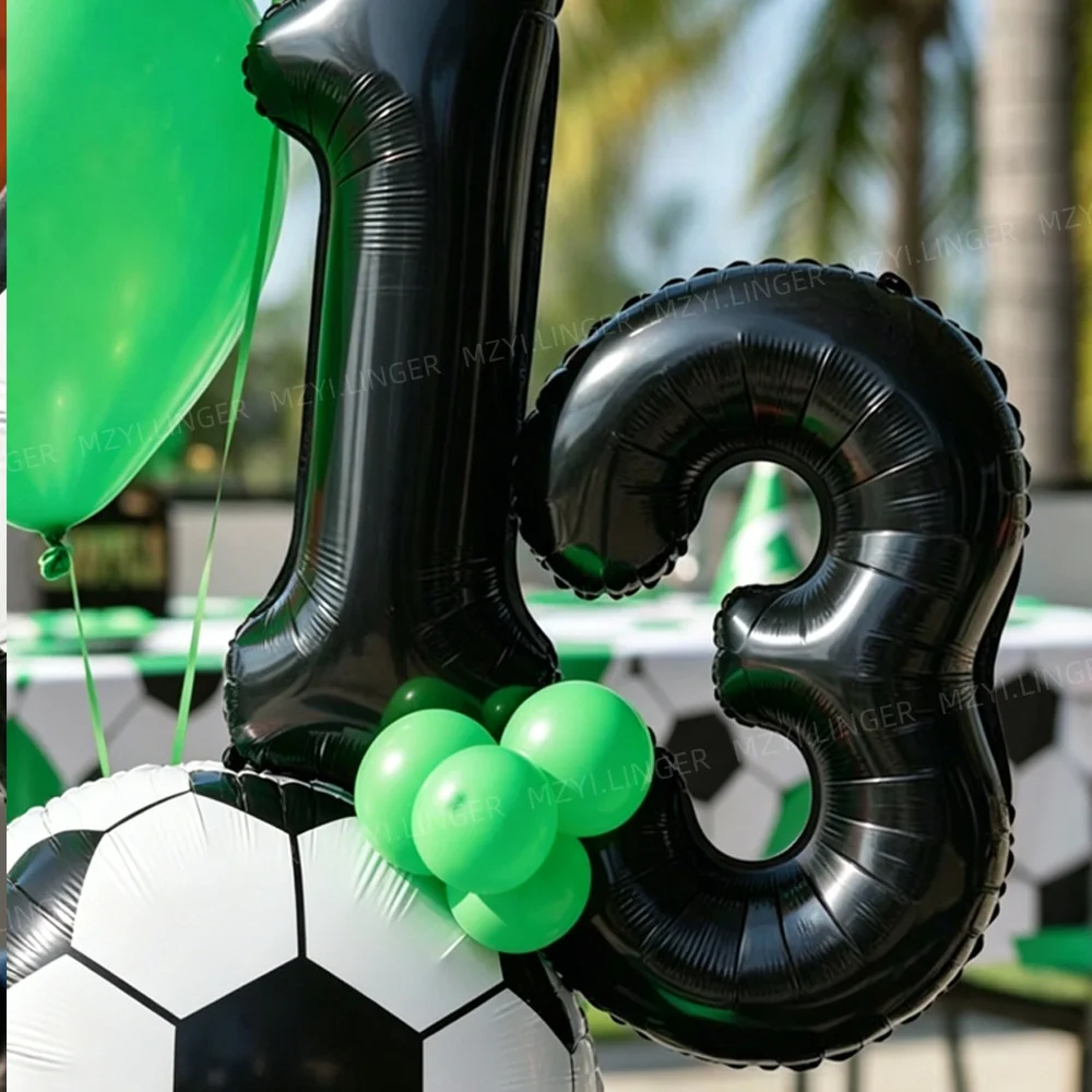 Fußball-Themen-Ballon-Set, 16 Zoll große schwarze nummerierte Ballons 0-9, Fußball-Bedruckte Ballons, Sport-Themen-Geburtstagsparty-Dekoration – Detail 5