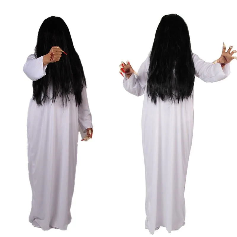 زي الهالوين النسائي الأبيض للشبح يتضمن شعر مستعار، زي شبح جيو نيانغ المرعب، دعائم شخصيات الألعاب الإلكترونية، أزياء مسرحية، ز...