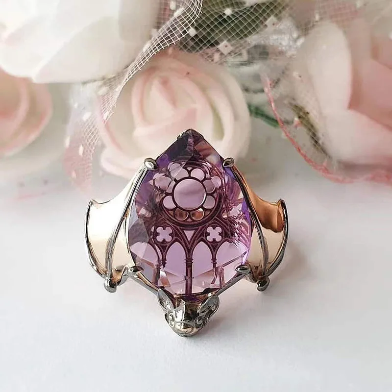 New Trendy Gothic Vintage Bat Finger Rings Inlaid Pruple Water Drop Shape Zircon Rings for Women Fashion Party Jewelry Wholesale