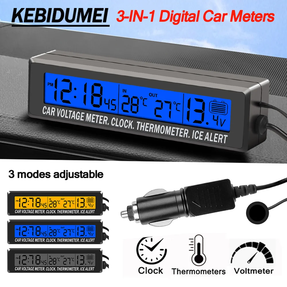 12-24V coche 3 en 1 termómetro Digital interior y exterior pantalla voltímetro de batería de coche y reloj LCD con retroiluminación del Sensor de temperatura