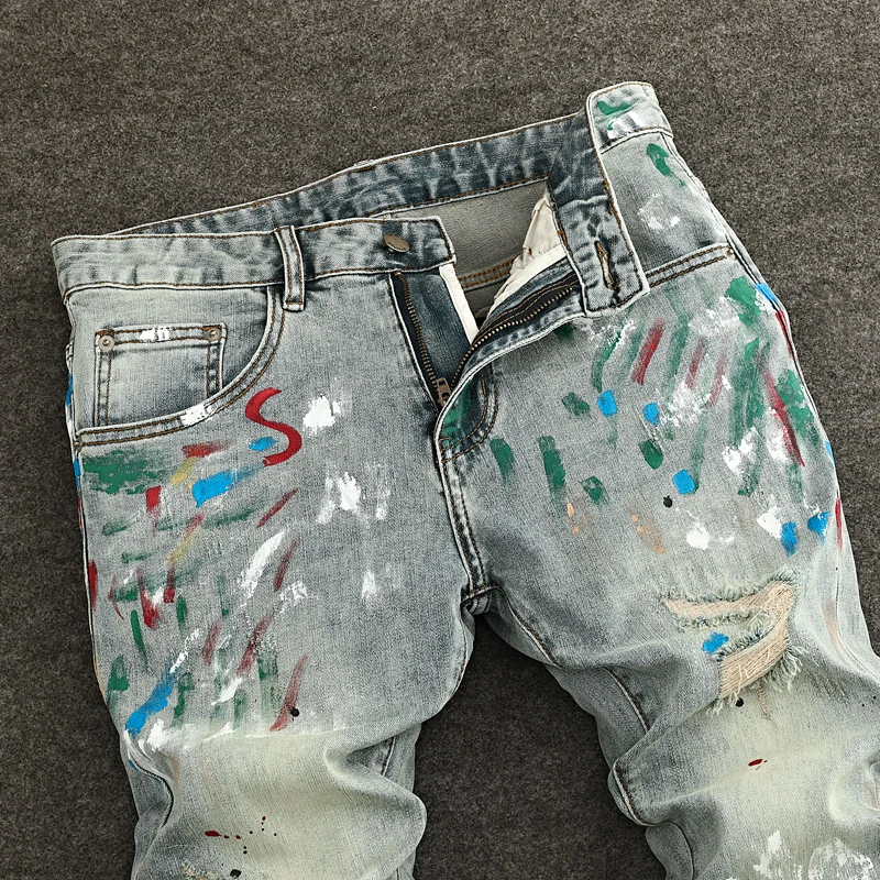 

Street Designer Fashion Men Jeans Retro Washed Stretch Slim Fit Painted Ripped Jeans Men Hip Hop Vintage Y2K Denim Pants Hombre