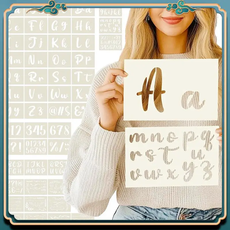 (جديد) - مجموعة رسم حروف أبجدية استنسل الخط مكونة من 50 قطعة - أبجدية استنسل مخطوطة قابلة لإعادة الاستخدام تتضمن حروف وأرقام