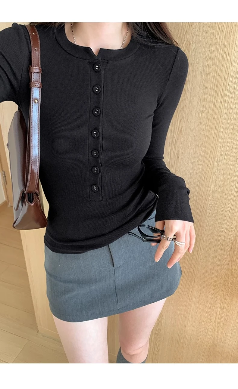 Button 2024 V Neck Long Sleeve Shirt Women Ribbed Sexy Cropped Tops Spring White Casual Skinny Slim Basic Woman T Shirts Black