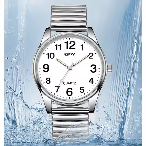 Elastic Band Elderly Watch Mineral Glass Quartz 30M Waterproof Glow in the Dark Watch Face Easy Read Dial Men Women Unisex Clock