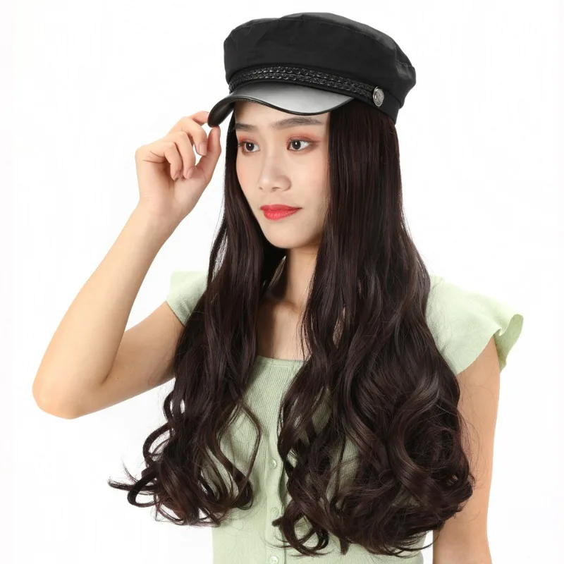 Synthetic Wig One-piece Women\'s Fashionable Long Hair Big Waves New Fluffy Natural Micro Navy Hat Slightly Curly Long Straight