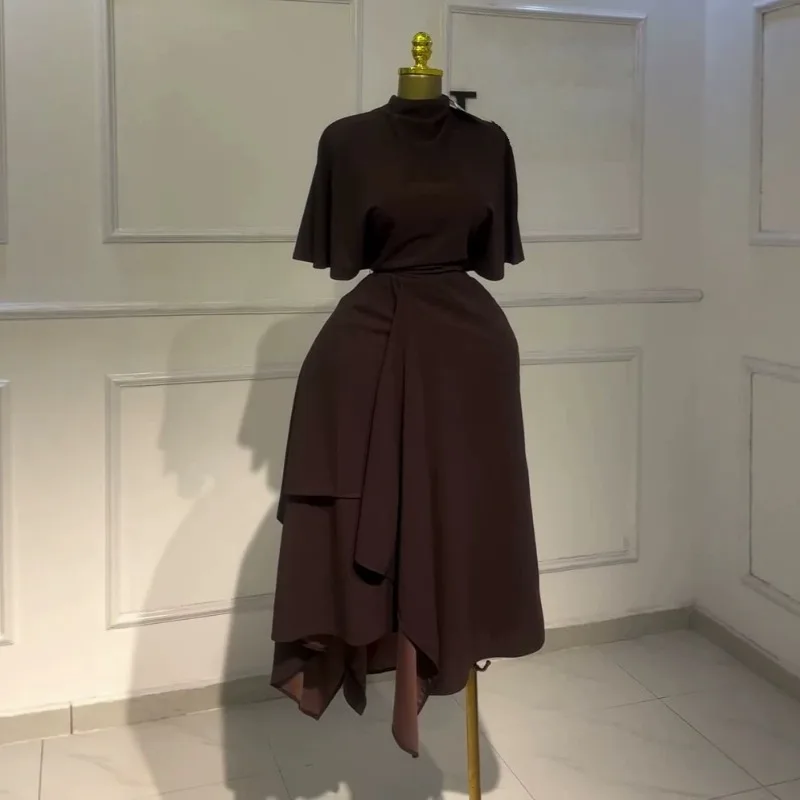 Elegant African Women Two Piece Matching Set, Fall Brown Mock Neck Short Sleeve Blouse, Asymmetrical Irregular Midi Skirt Outfit