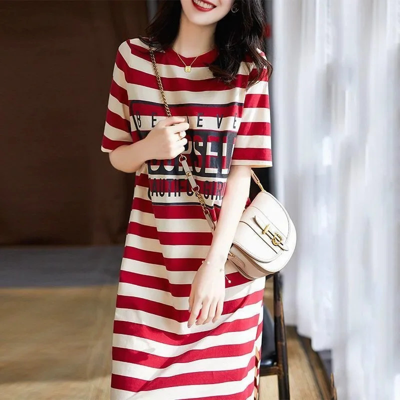 Summer Loose Striped Printed T-shirt Dress Women's Korean Version Medium And Long Short-sleeved Skirt