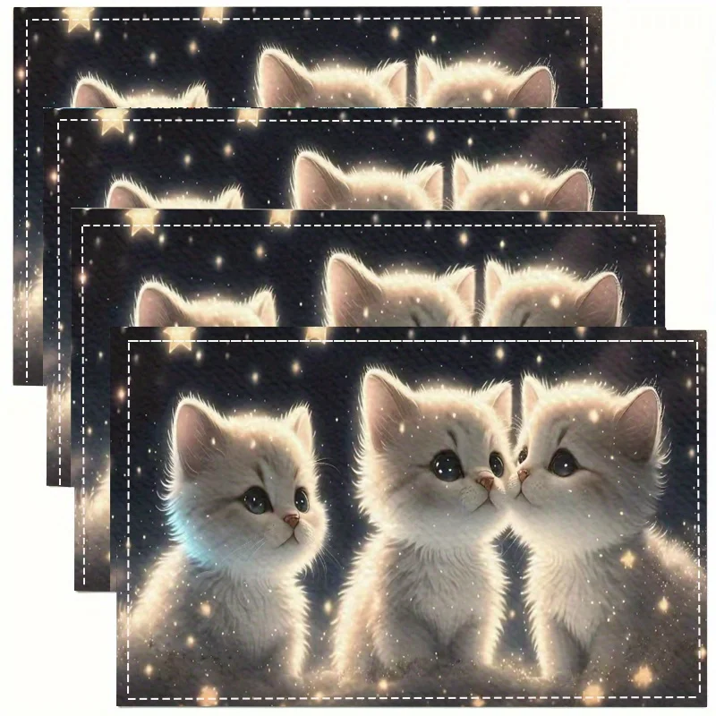 4pcs Starry Cute Kittens Placemats, Festive Table Decor for Holiday Dinners & Parties, 2D Flat