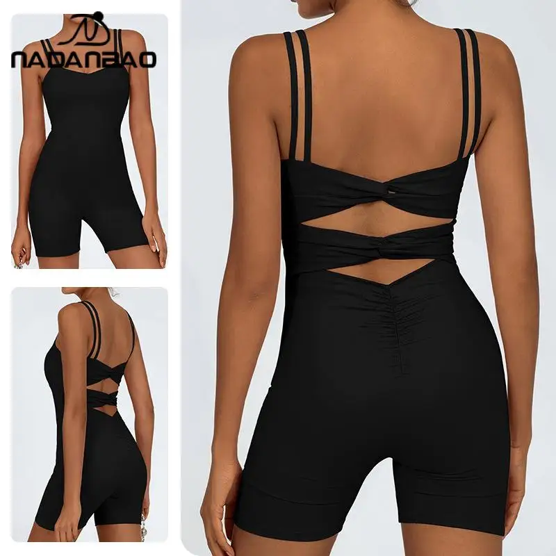 

Nadanbao Sexy Backless Women's Yoga Suit Beautiful Back Cross Bodysuit Naked Quick-Drying Shorts Jumpsuits Sports Fitness Outfit