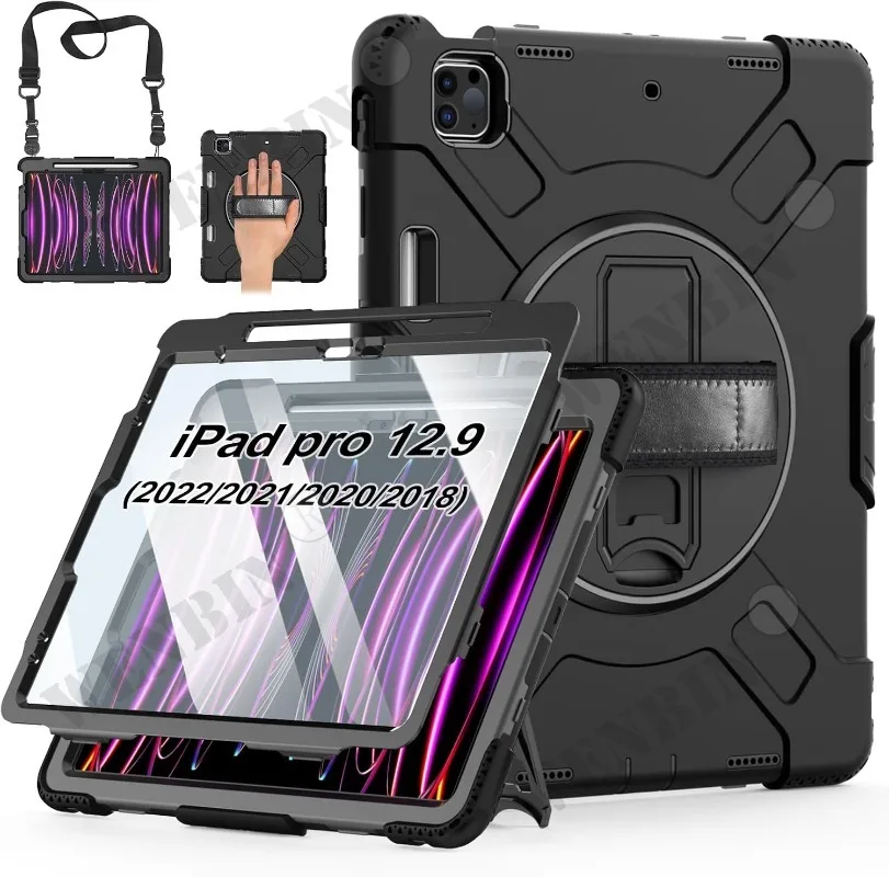 Case For iPad 12.9 2018/2020/2021/2022 Heavy Duty Rotating Shockproof Stand Hand Shoulder Strap Black Case Fundas