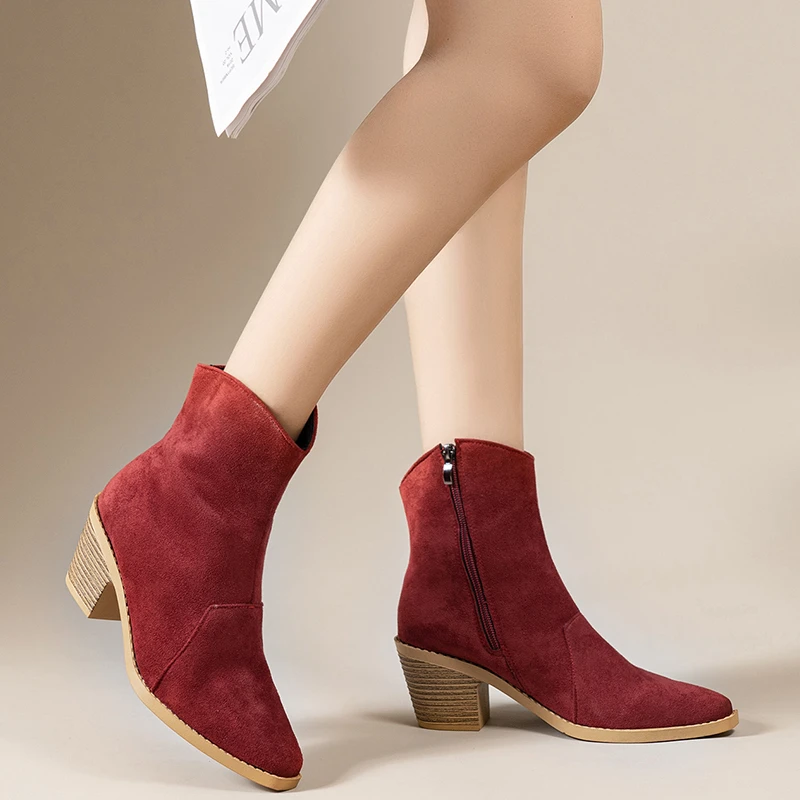 

Флисовые теплые ботильоны, осенне-зимние новые замшевые туфли с острым носком и молнией сзади, нескользящие износостойкие туфли на блочном каблуке
