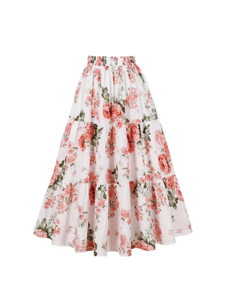 2026 popular flower A-shaped skirt women's cross-border foreign trade Amazon casual printing medium and long splicing skirt