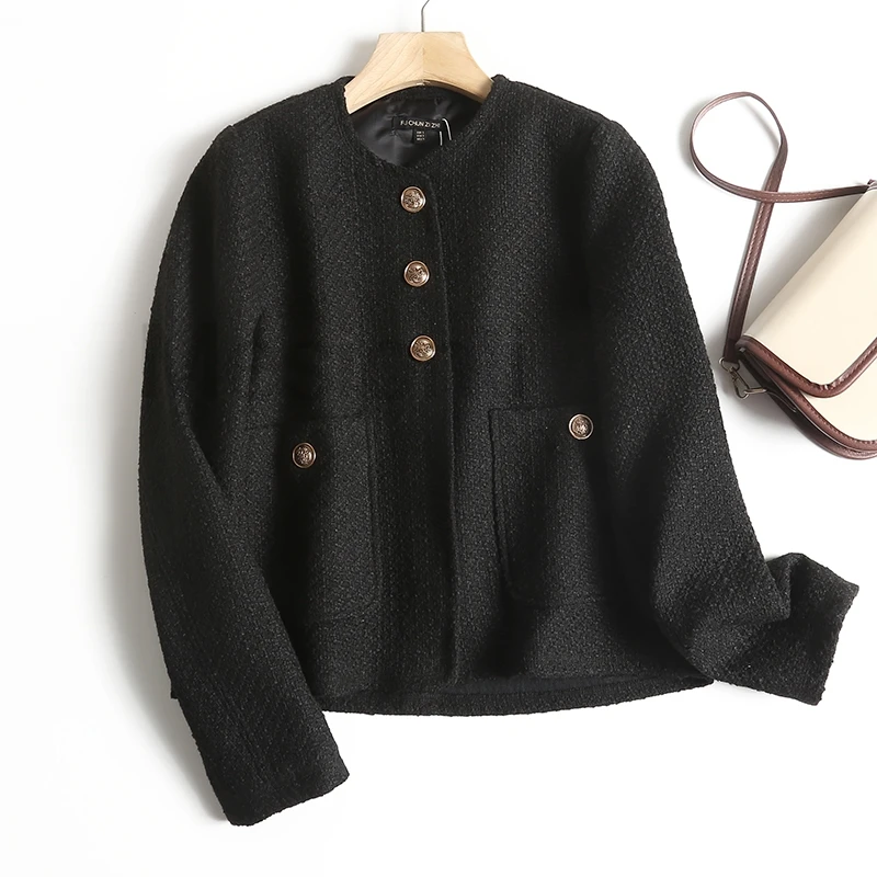 Women Jacket Fashion With Pockets Tweed Jacket Coat Vintage Long Sleeve Front Button Female Outerwear Chic Tops