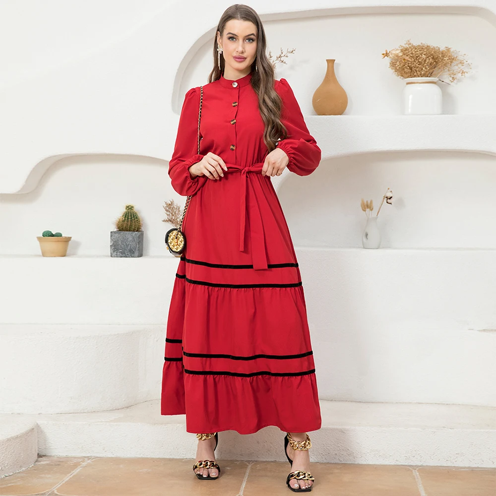 Sweet High collar Color contrast Solid color Buttons Ribbon Shirt sleeve Long Dresses