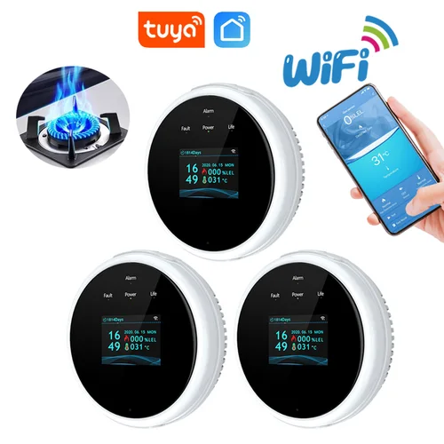 Tuya-Detector de Gas con WiFi para el hogar, alarma de fugas de Gas Natural LPG, pantalla LED, Sensor de fugas, Control por aplicación Smart Life
