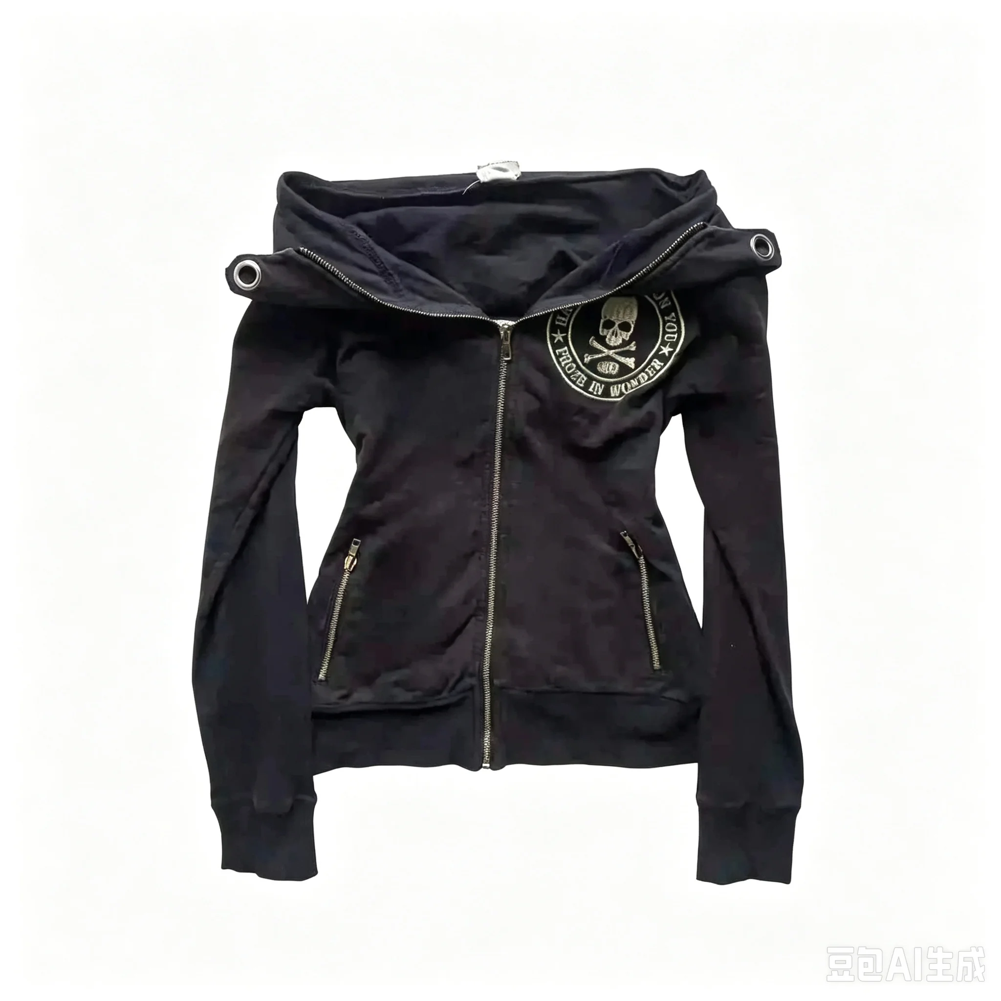Y2K Goth Punk Zip Up Sweatshirt Embroider Skeleton Cross Bones Pattern Gold Lettering Hoodies Women Winter Streetwear Top Jacket