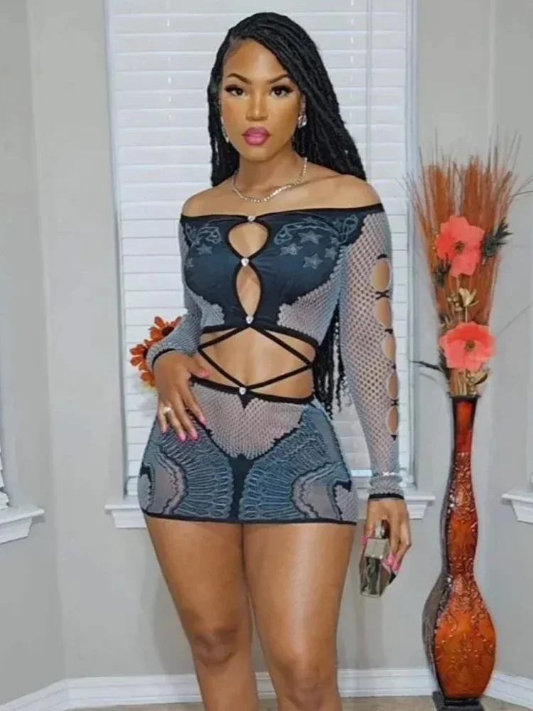 

CPSYMYM See Through Women 2 Piece Set Sexy Hollow Slash Neck Crop Tops+Peach Hip Skirts Midnight Party Matching Club Outfits