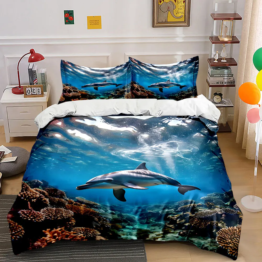 Dolphin Underwater with Corals Print Bedding Set 1 Duvet Cover 2 Pillowcases for Adult and Children Luxury Gift Full Size