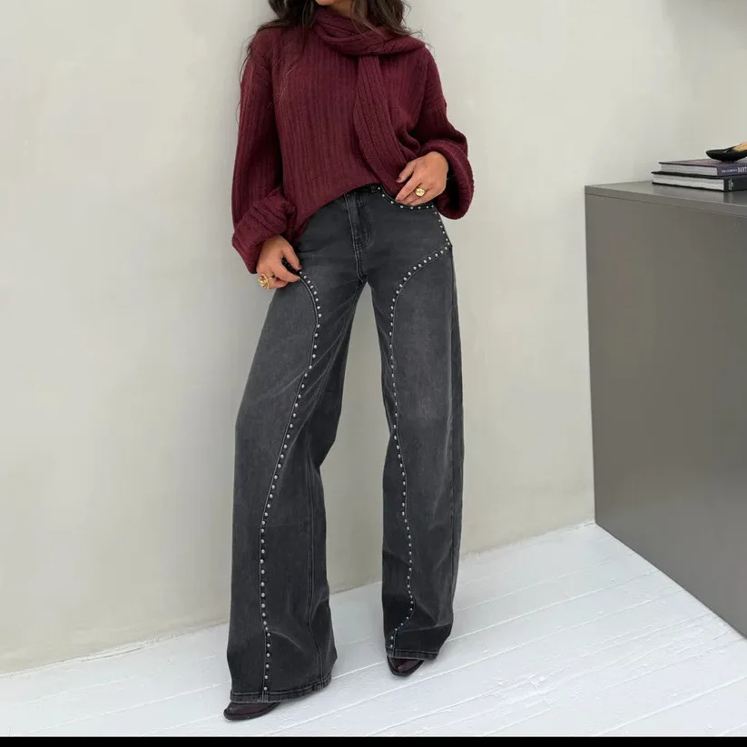 26 Cross-border Fashion Beading Trend Personality Street American Casual Versatile Denim Straight Pants