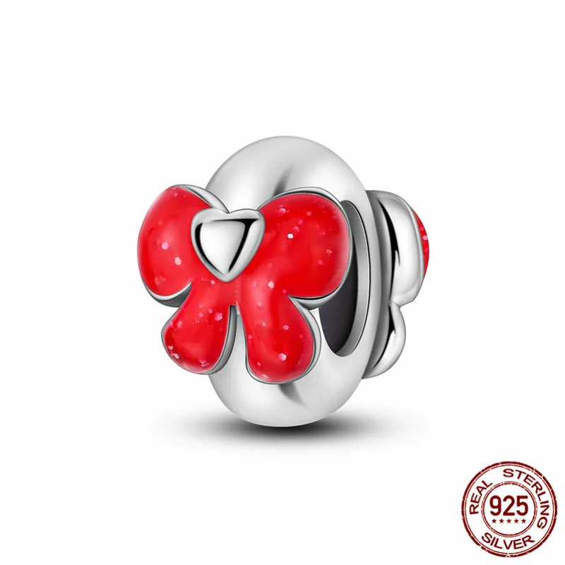 

925 Sterling Silver Red Bowknot Charm Bead, for use with original bracelets, women's DIY jewelry.