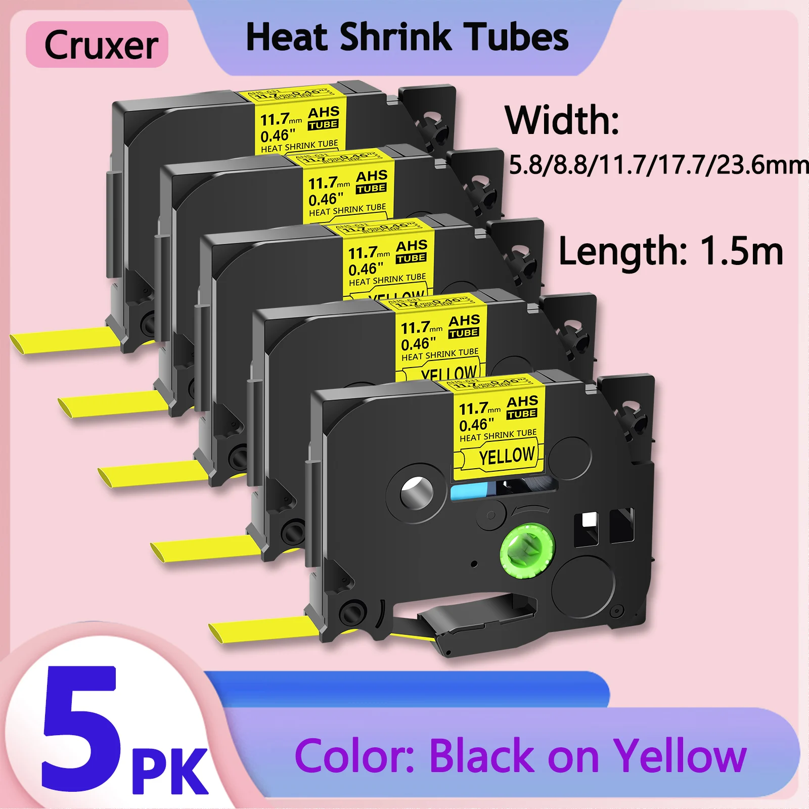 

5PK Heat Shrink Tubes Compatible Brother Hse-611 621 631 641 651 Label Tape Black on Yellow Cassette For P-Touch Label Printers