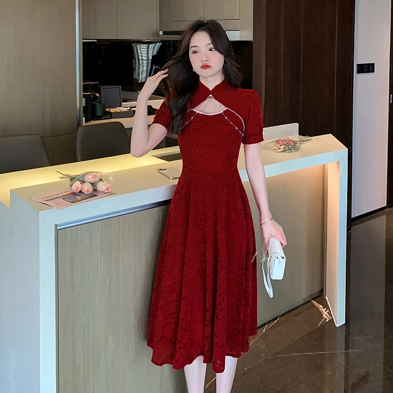 Summer Vintage Cheongsam Lace Party Dress Fashion Red Premium Beaded Chain Hollow Elegant Girl Night Vestido