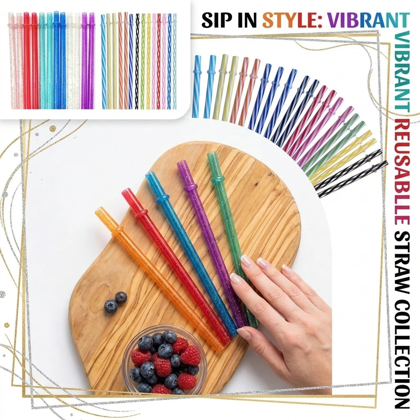 12 Pieces Reusable Plastic Straws with Retaining Rings