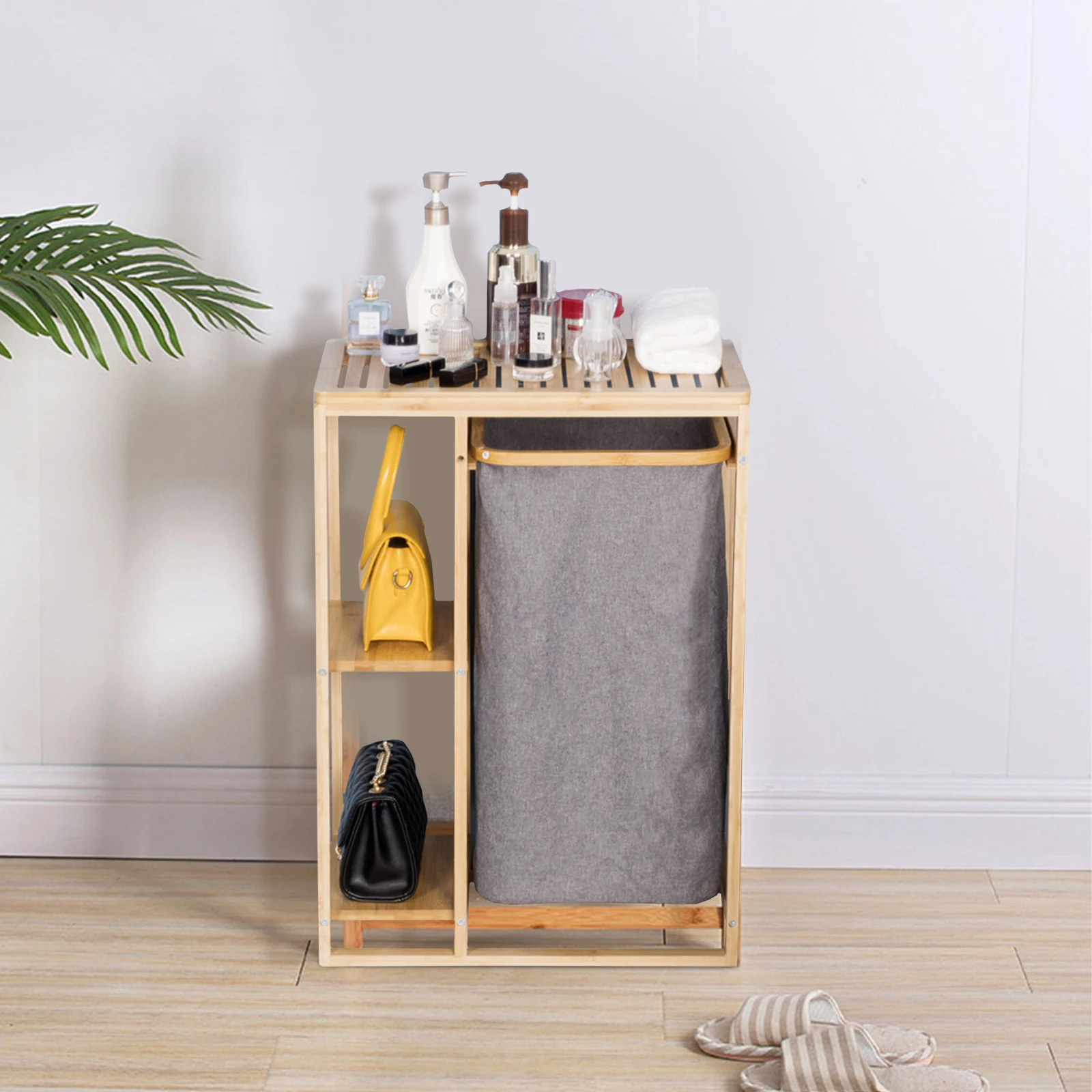 Multi-Functional Bamboo Laundry Hamper Clothes Basket with Sliding Baskets