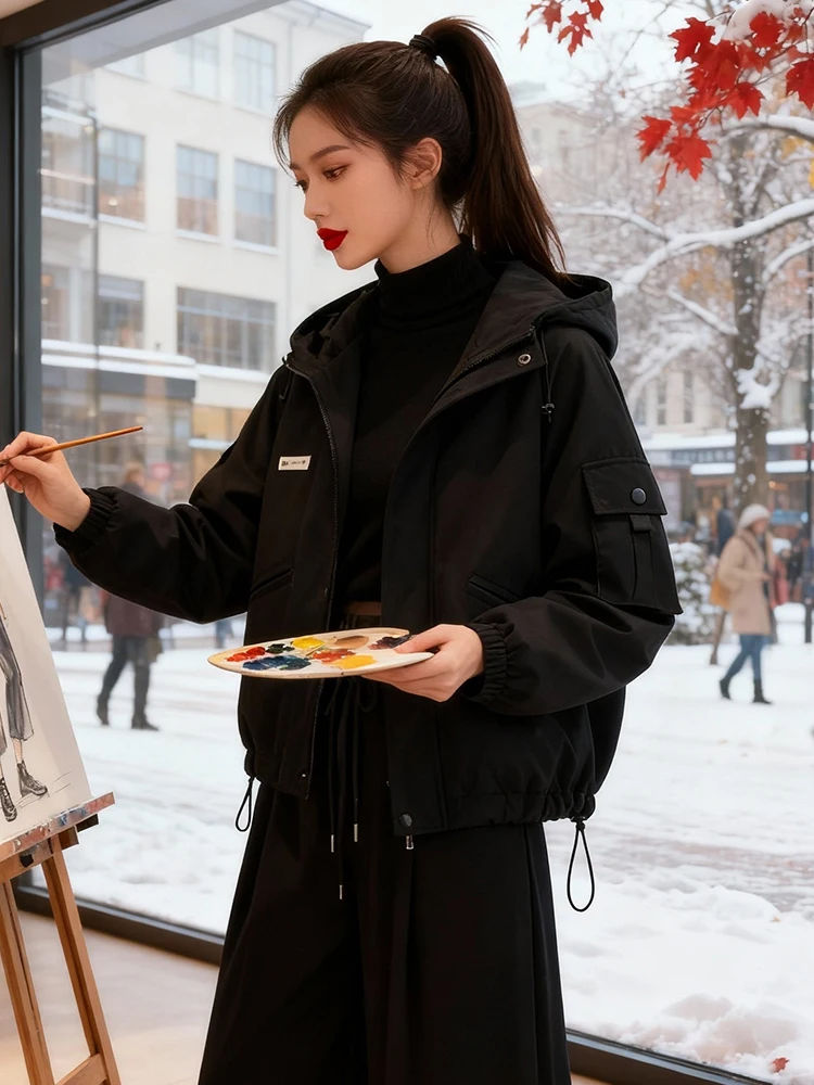 Thiened Fce ort 코트 여성용 롱 슬리브 따뜻한 아우터웨어 한국 스타일 출퇴근용 대형 사이즈 레이지 다운 코튼 재킷