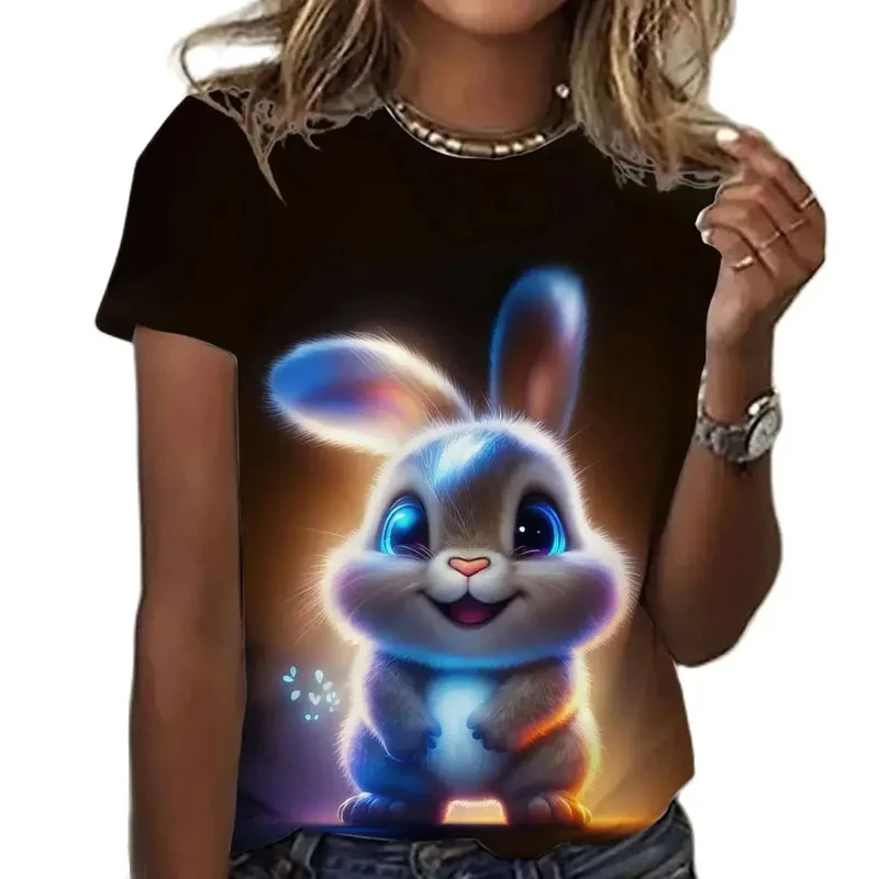 33D Funny Print T Shirt Women's Top Summer Casual Cute Rabbit Pattern Printing Short Sleeve Tee Trendy Street T Shirts for Girls