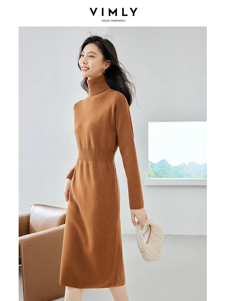 Vimly Black Turtleneck Knitted Dress 2023 Winter Pullover Long Sleeve Straight Midi Sweater Dresses Elegant Female Clothes 72531