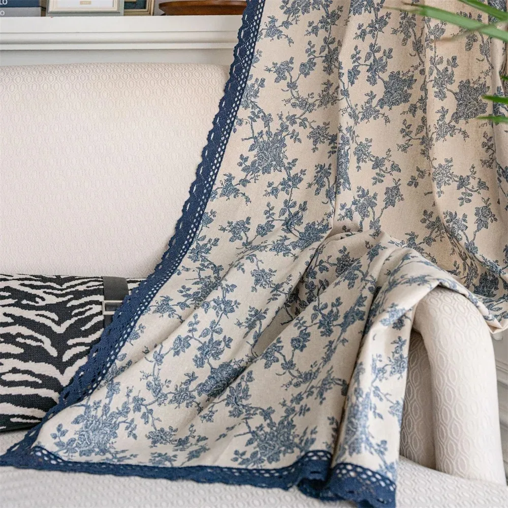 

1pc Rustic Style Flower Cotton Curtains Printing Linen Blue Curtain Rural Pastoral Style Curtain for Bedroom Living Room